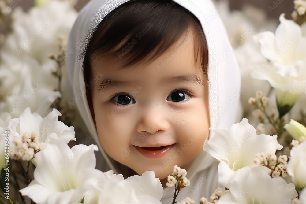 A little Chinese baby in white baby cotton simple clothes, Big eyes, Smiling, Lying on top of white and elegant beautiful flowers.