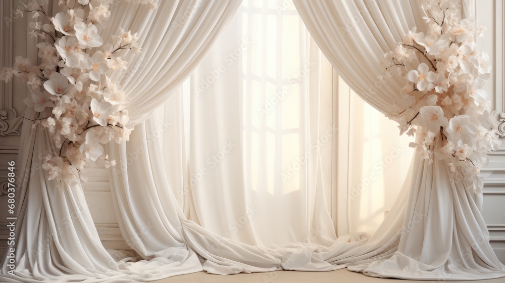 Light arch weaved with flowers, Elegant wall background, Flowing satin drapes, Backdrop, Wedding.