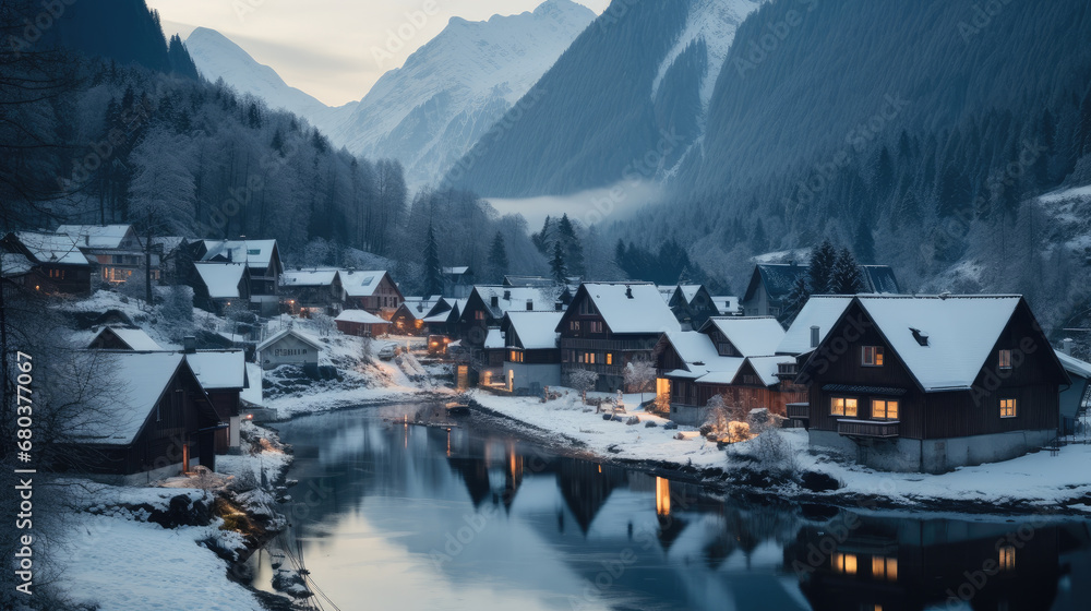 A town is lit up by snow in the evening.