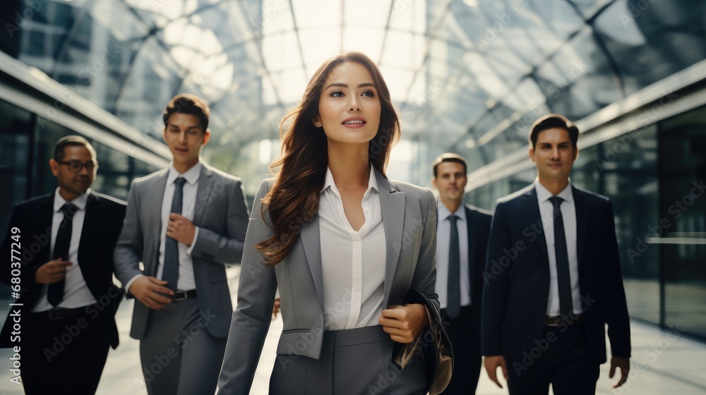 Group of business people walking together outdoors.