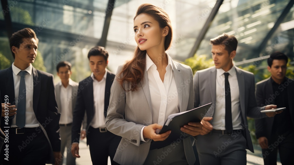 Group of business people walking together outdoors.