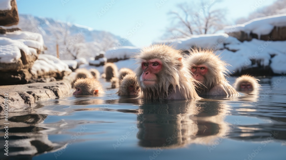 Several snow monkeys laying in hot tub springs near rocks.