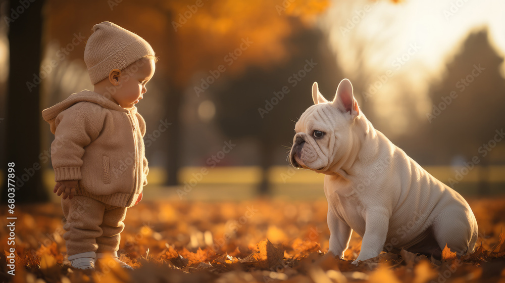 Little girl and a white French bulldog stood looking at each other on the autumn lawn.