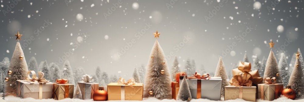 Christmas background decoration with Christmas tree and gifts long panoramic graphics illustration.