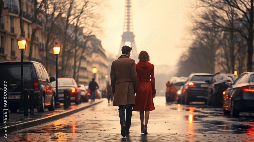 Romantic couple on city street at Paris on Valentines Day.