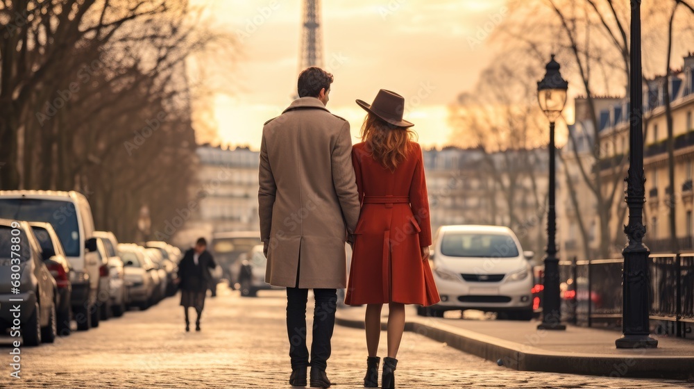 Romantic couple on city street at Paris on Valentines Day.