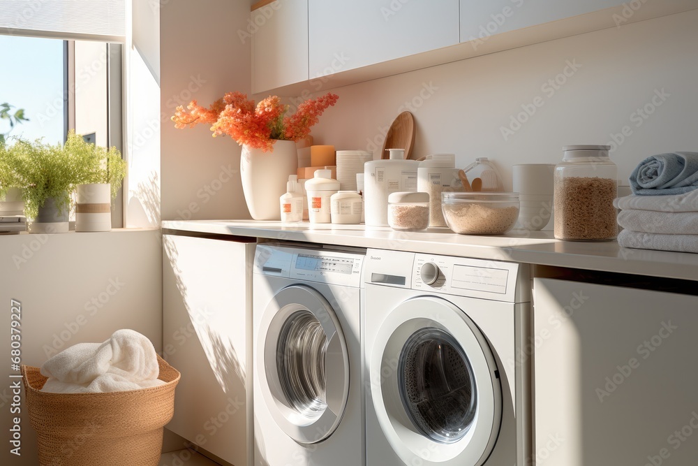 Bright and warm laundry room, White washing machine, High-end, Minimalist.