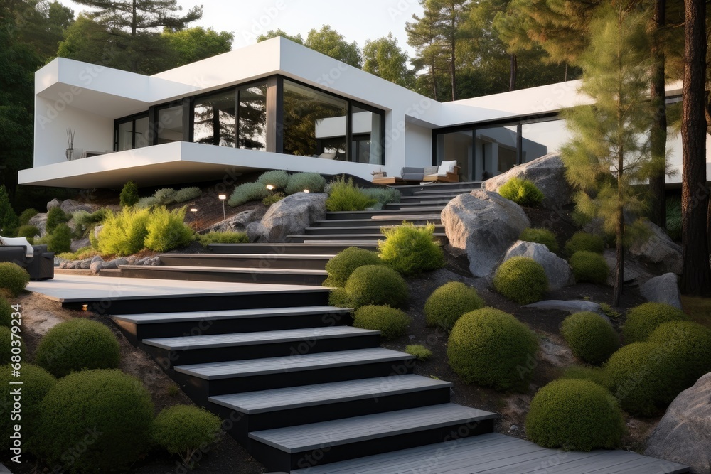 Modern garden with retaining walls, Stairs, Coniferous plants, Chill out zone.