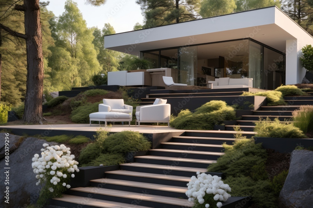 Modern garden with retaining walls, Stairs, Coniferous plants, Chill out zone.