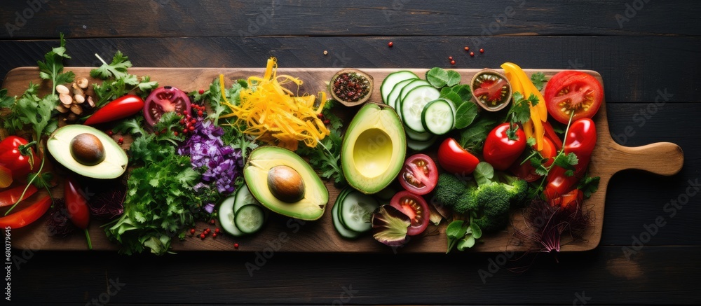 In the midst of natures abundant greenery, a wooden board is adorned with organic vegetables such as crisp cucumber, vibrant peppers, and creamy avocado, creating a healthy and refreshing salad that