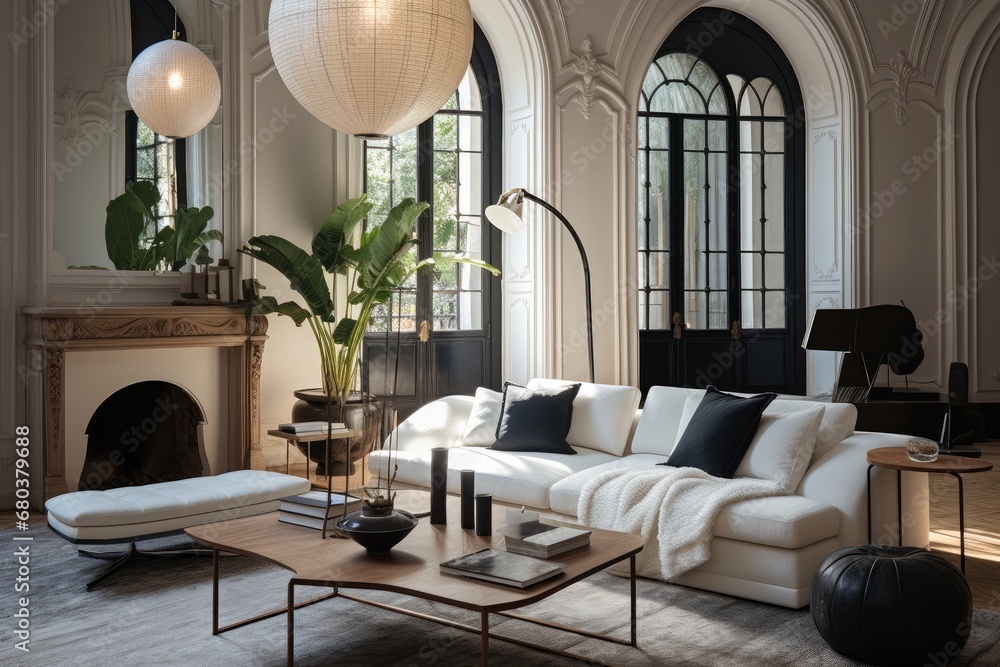 The living room has white decor and black furniture.