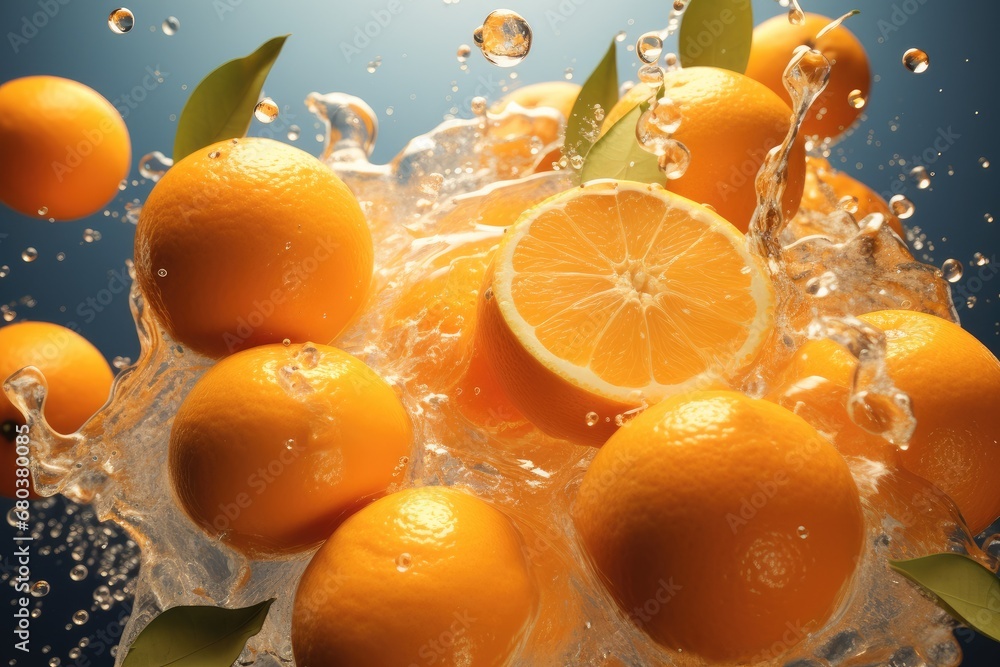 Fresh and beautiful oranges jumping onto the screen.