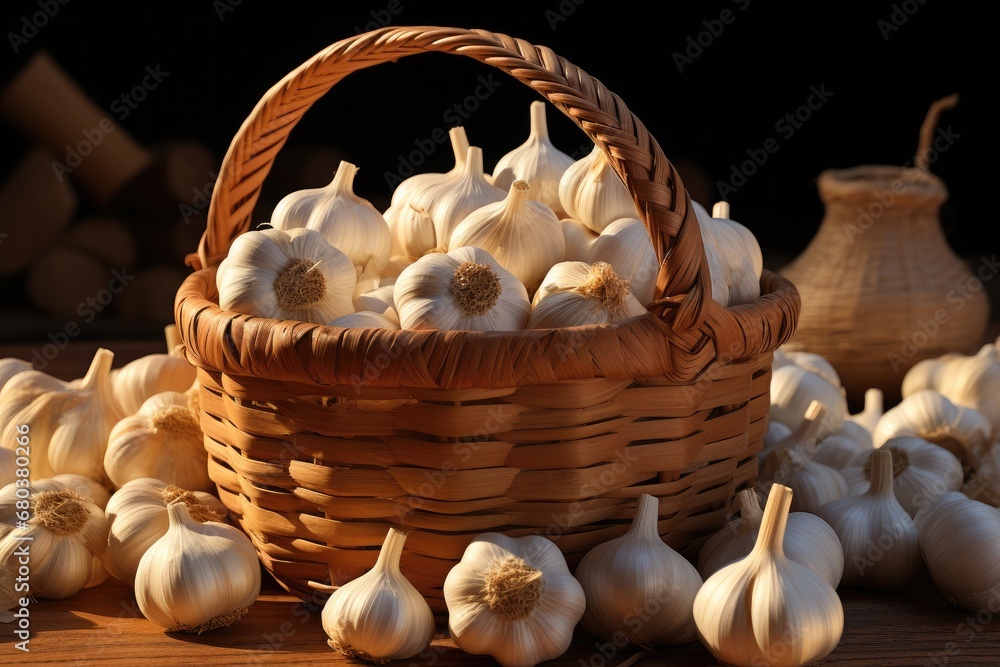 Garlic in the wicker basket.