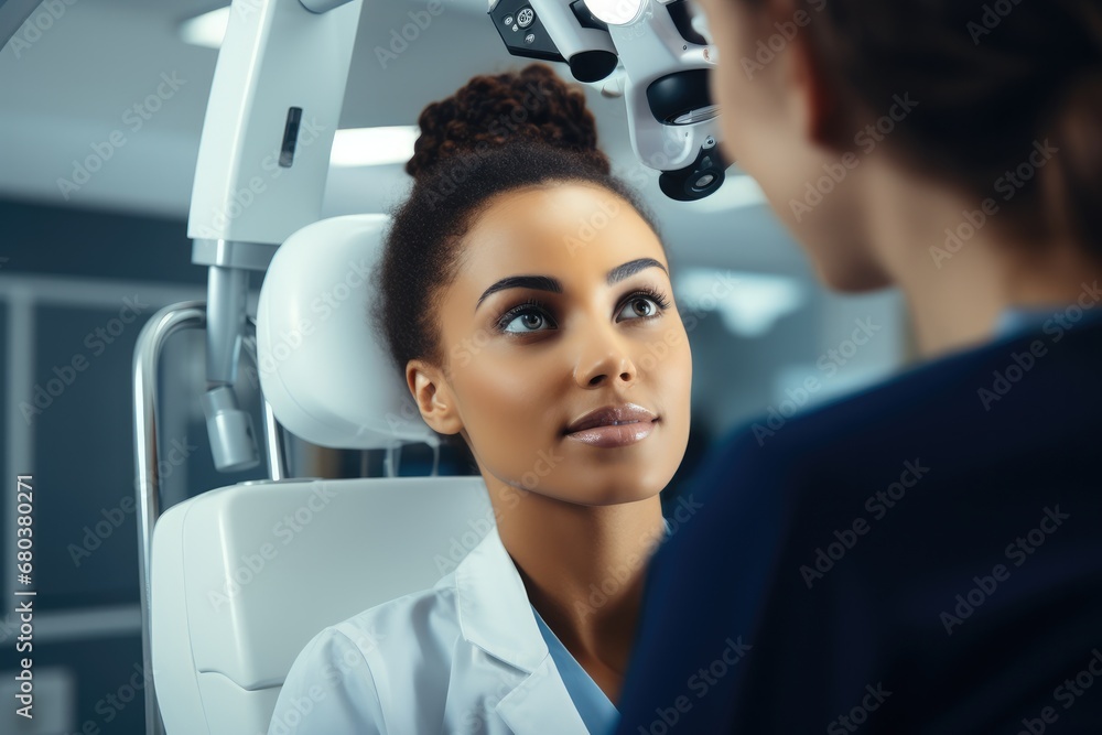 African female optician doing eye examination for patient in hospital.