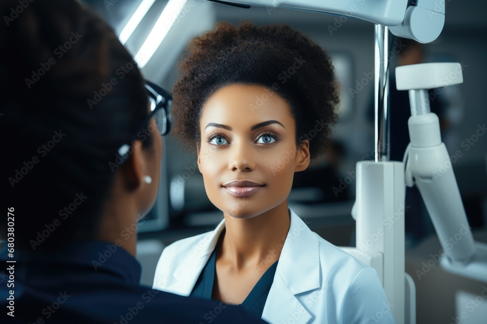 African female optician doing eye examination for patient in hospital.