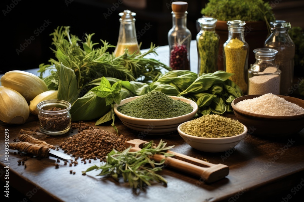 The herbs on the table in the kitchen.