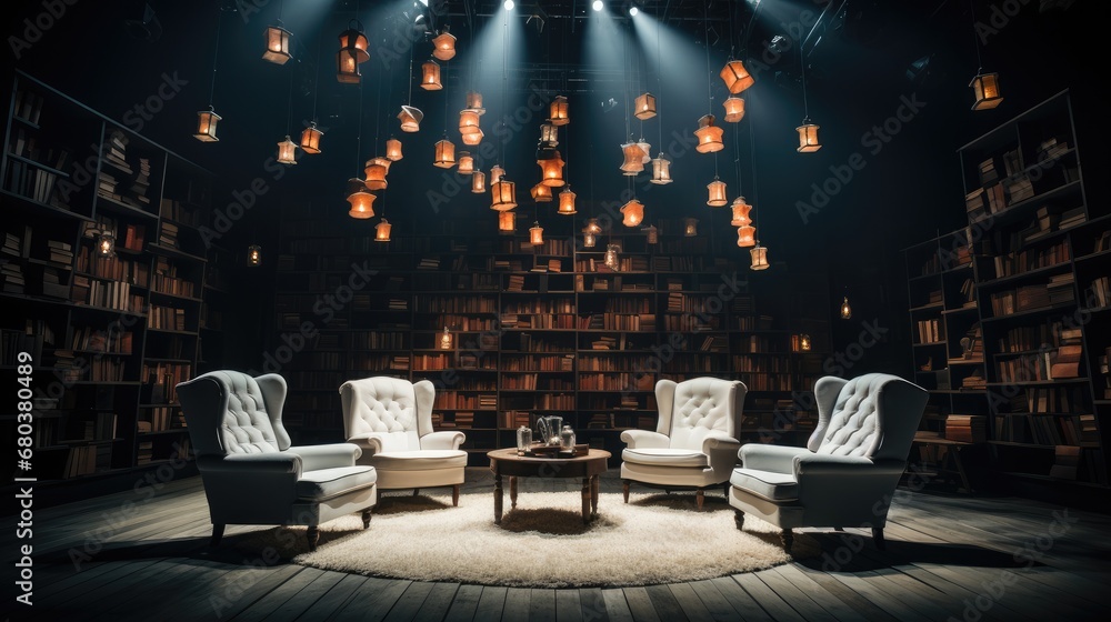 An empty stage with many chairs around it and a number of books on it.