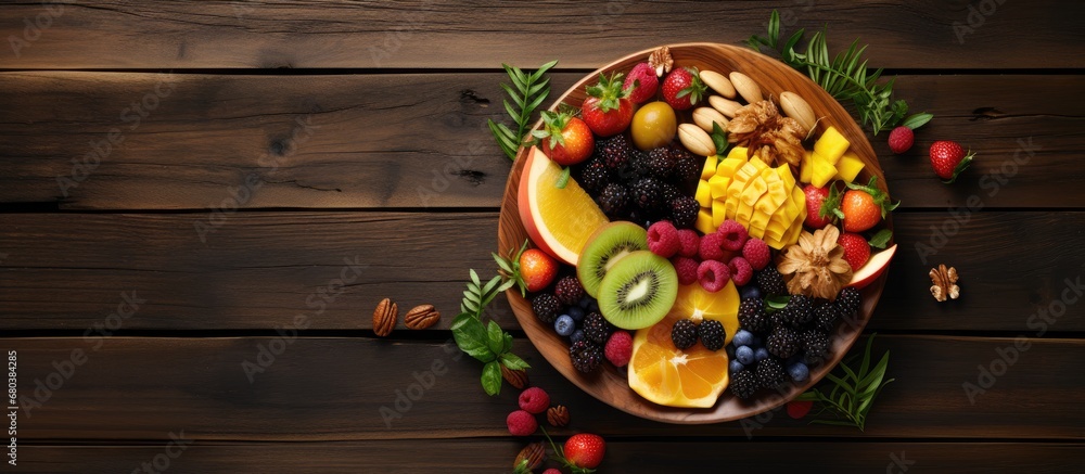 From a top view, the wooden plate presented a colorful assortment of organic, healthy snacks, showcasing the natural beauty of the plant-based fruits against the backdrop of a rustic wood background