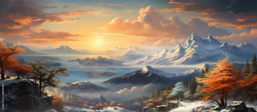 In the heart of winter, atop a majestic Japanese mountain, the orange sun slowly emerges from behind the clouds, offering a breathtaking and beautiful sunrise over the snow-covered landscape, painting