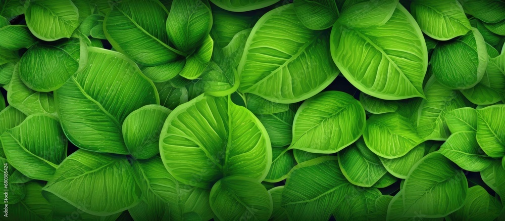 abstract background, a mesmerizing pattern of green leaves resembling a forest garden emerges, each leaf showcasing a unique shape and vibrant color, symbolizing the diverse plant species with