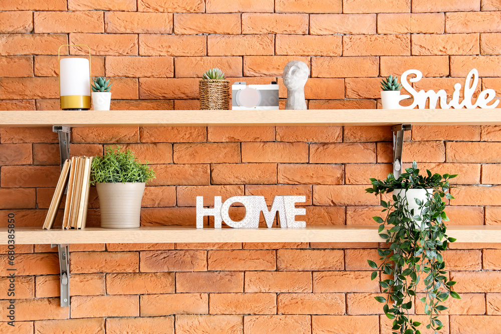 Shelves with different houseplants and books hanging on brown brick wall