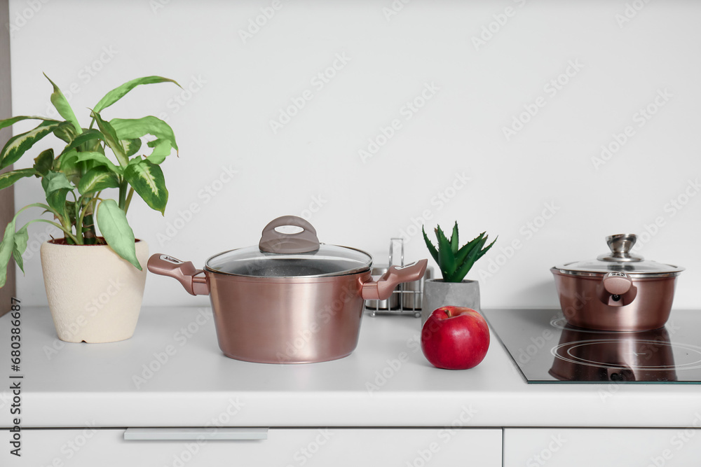 Cooking pot, apple and houseplants on white kitchen counter