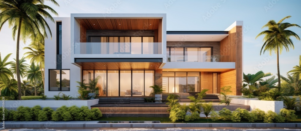 The modern villas facade showcased a stunning house design, with a concept blending summer vibes, lush green grass, and a beautiful landscape of blue, accentuating its construction as a standout home