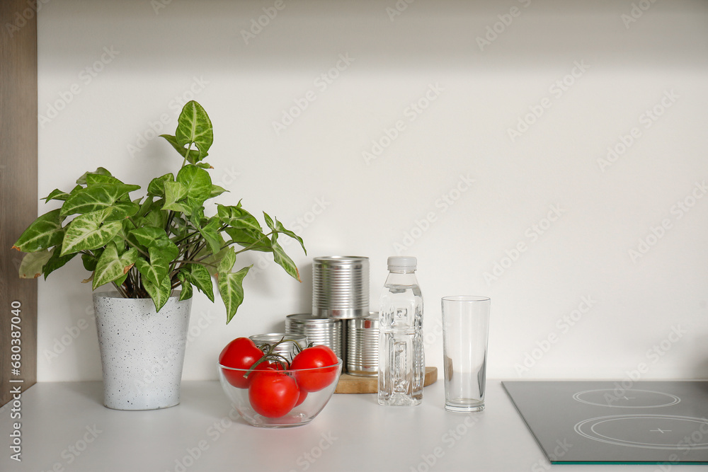 Houseplant, bowl with tomatoes and bottle of water on white kitchen counter