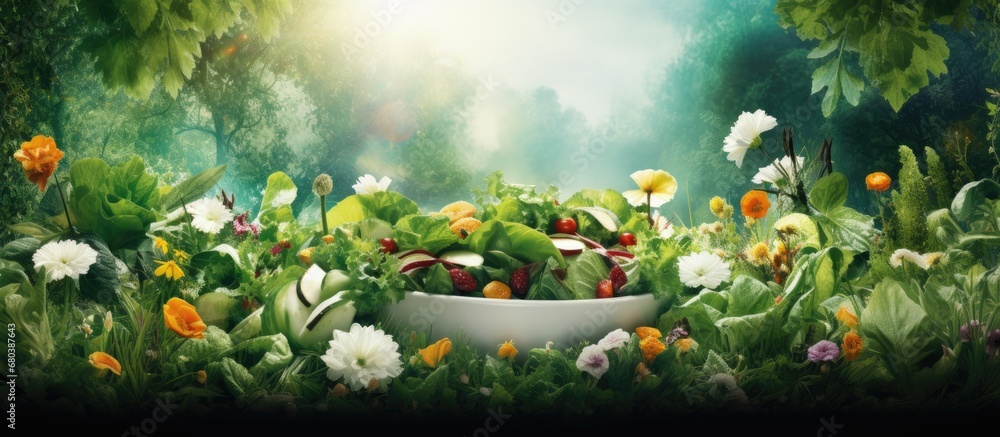 In the lush garden, surrounded by vibrant green plants and white flowers, a leafy vegetable thrives, offering a nutritious addition for a healthy diet: a natural and organic salad, packed with