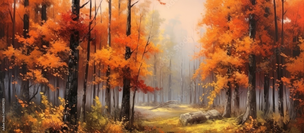 background of the lush forest, the old, healthy trees with their green leaves and orange hues stand tall among the vibrant grass, painting a beautiful autumn scene.