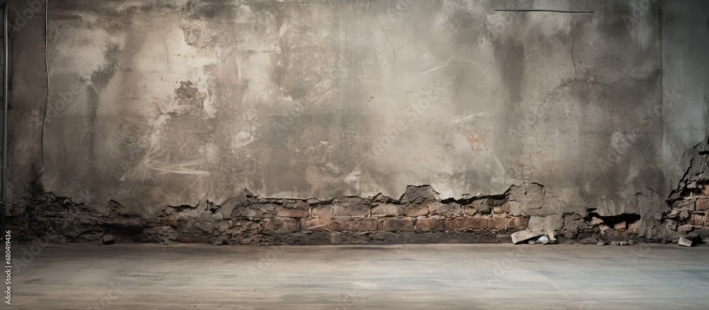 The old concrete wall with a rough texture served as the backdrop for the crumbling concrete blocks scattered across the worn concrete floor of the aged warehouse on the concrete street.