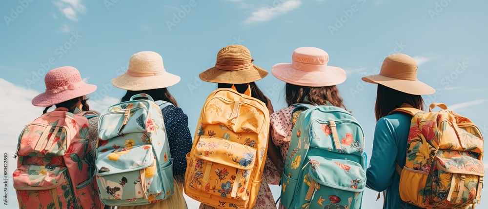 young children with backpack travel together in school field trip day, happy joyful young childhood lifestyle, Generative Ai