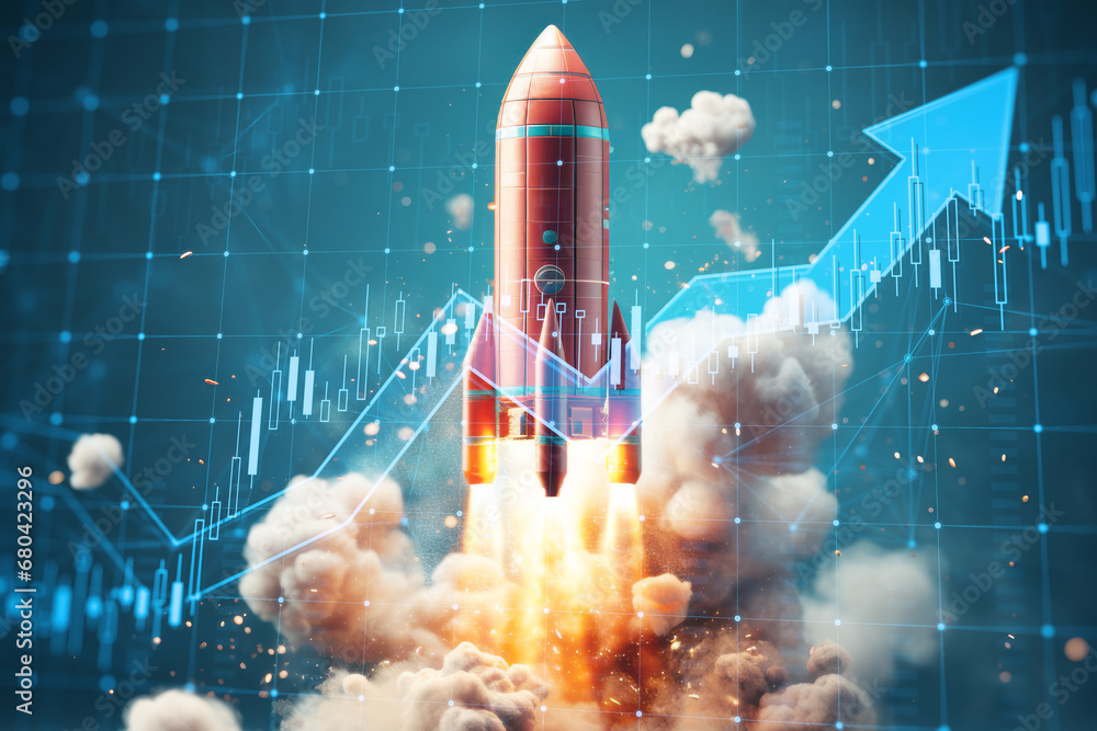 Launching rocket on financial graph, investment growth, Generative AI