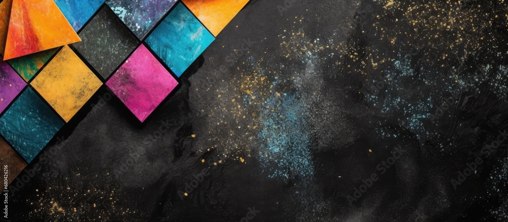 The black chalkboard background provided a perfect canvas for the artist to create a stunning watercolor design, blending vibrant colors and glitter accents with geometric patterns, all while