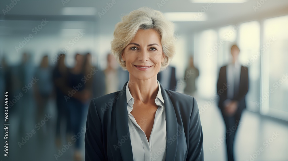 A sophisticated and contemporary senior businesswoman exudes confidence and success while working in a corporate office setting, showcasing her professional attire and experienced demeanor.