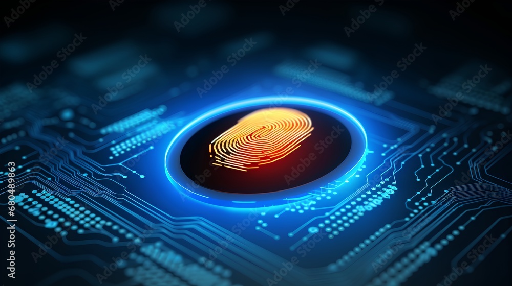 A hightech digital fingerprint scanner with glowing blue interface is scanning a persons biometric identity, ensuring secure authentication and protection of personal data against unauthorized access.