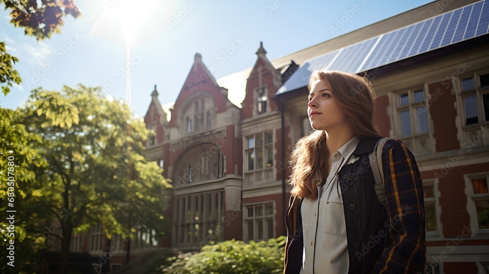 A contemporary, ecofriendly university campus featuring advanced solar panels and wind turbines, showcasing commitment to sustainable energy and reducing carbon footprint.