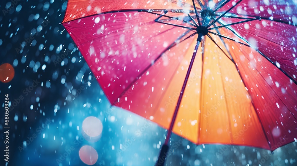 A vibrant photo capturing a spectrum of colorful umbrellas opened against the backdrop of a grey, rainy sky, with raindrops visibly falling around during an autumn storm.