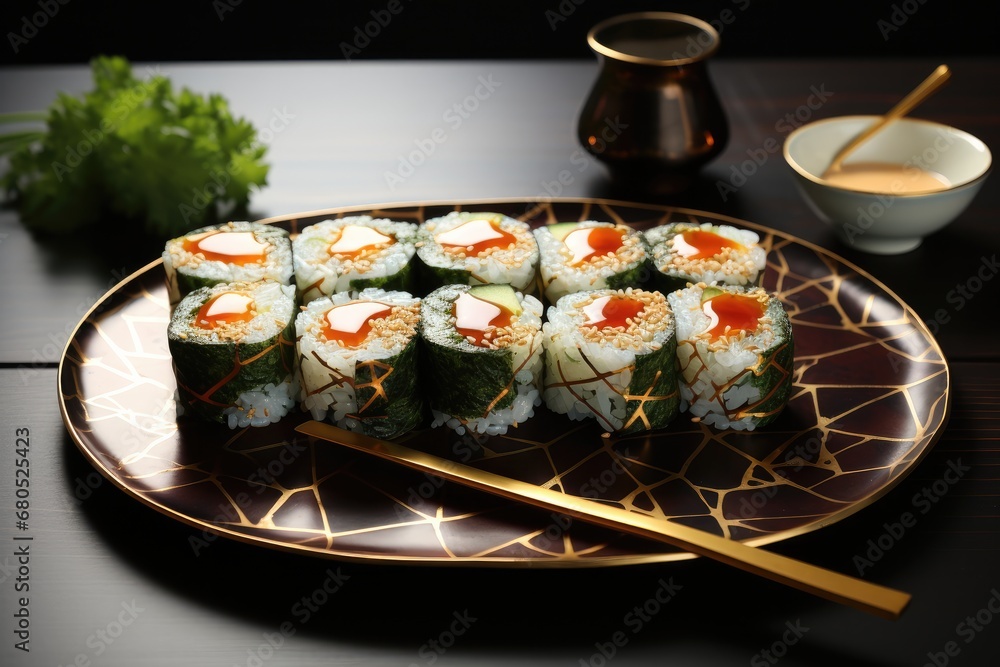 Seaweed sushi on top of beautiful plate.