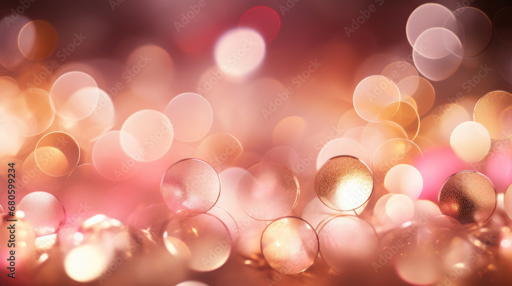 Elegant silver, Gold, Pink Christmas Light Bokeh, Vintage Crystal Background, abstract bokeh background, golden christmas particles and sprinkles for a holiday celebration like christmas or new year