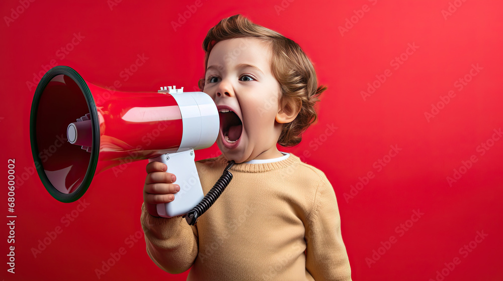 little child shouting through megaphone, child with megaphone, A child speaks into a loudspeaker isolated on red background.