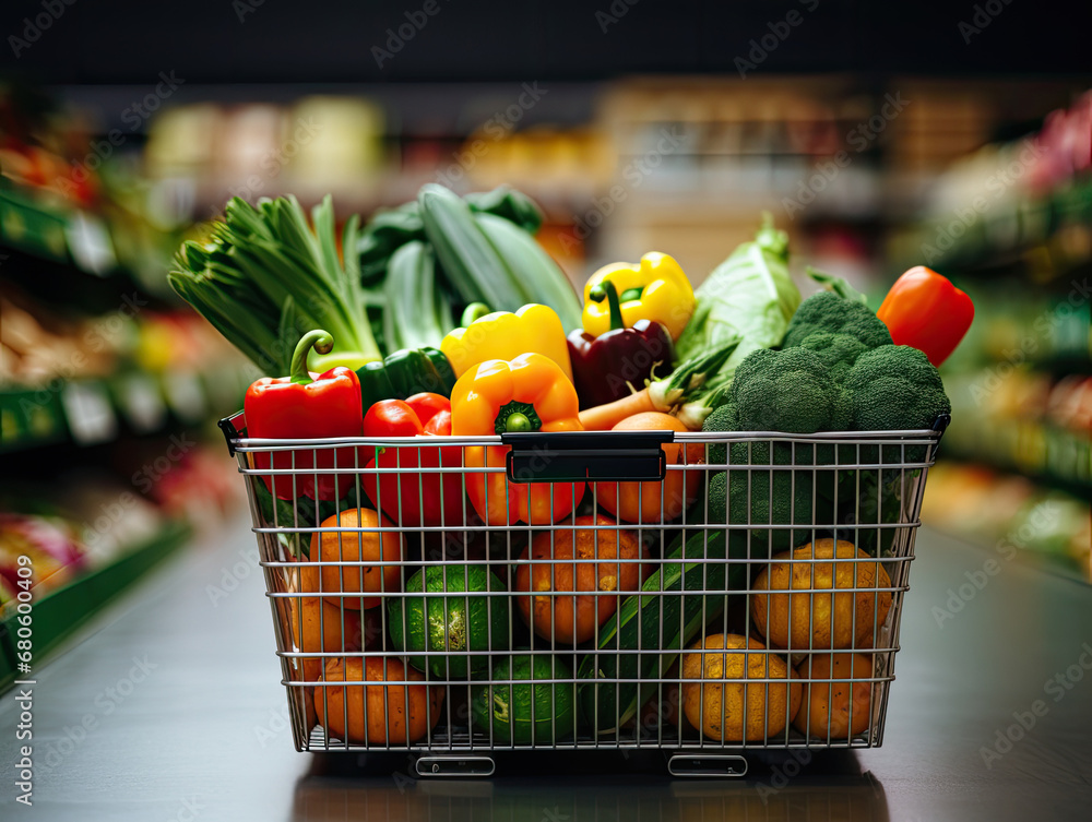 vegetables in a supermarket, basket with vegetables, Close up of Womans hand holds a grocery vegetables basket on market background