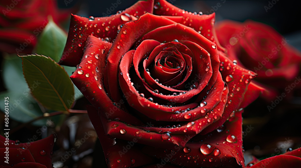 Beautiful red rose growing in a rose garden close-up on a blurred background, top view