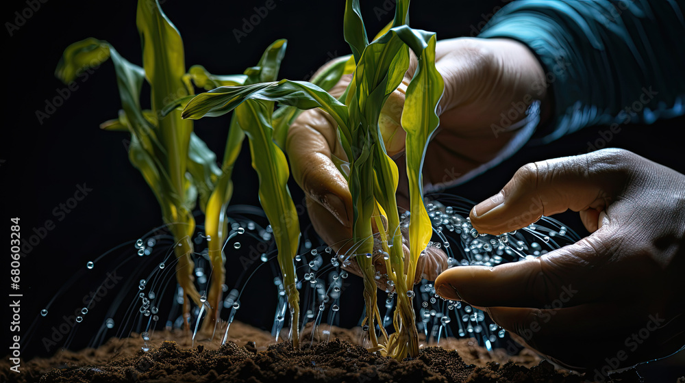 farmer hand holding corn, Close up hand armer checks corn sprouts.