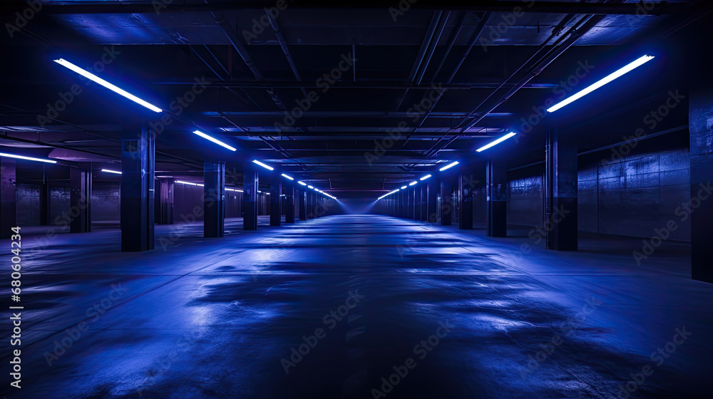 Dark Blue Led Brick Glowing Concrete Tunnel Corridor Garage Underground Dark Night Empty Industrial Car Showroom Parking modern