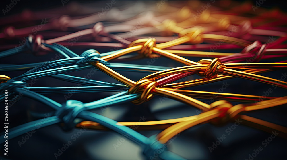 close up of wire, colorful rope with knot, synergy and cohesion as diverse ropes connected 