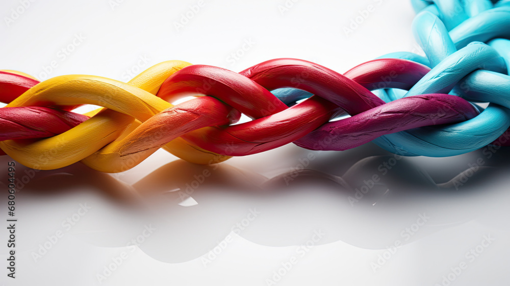 links, colorful rope with knot, synergy and cohesion as diverse ropes connected 