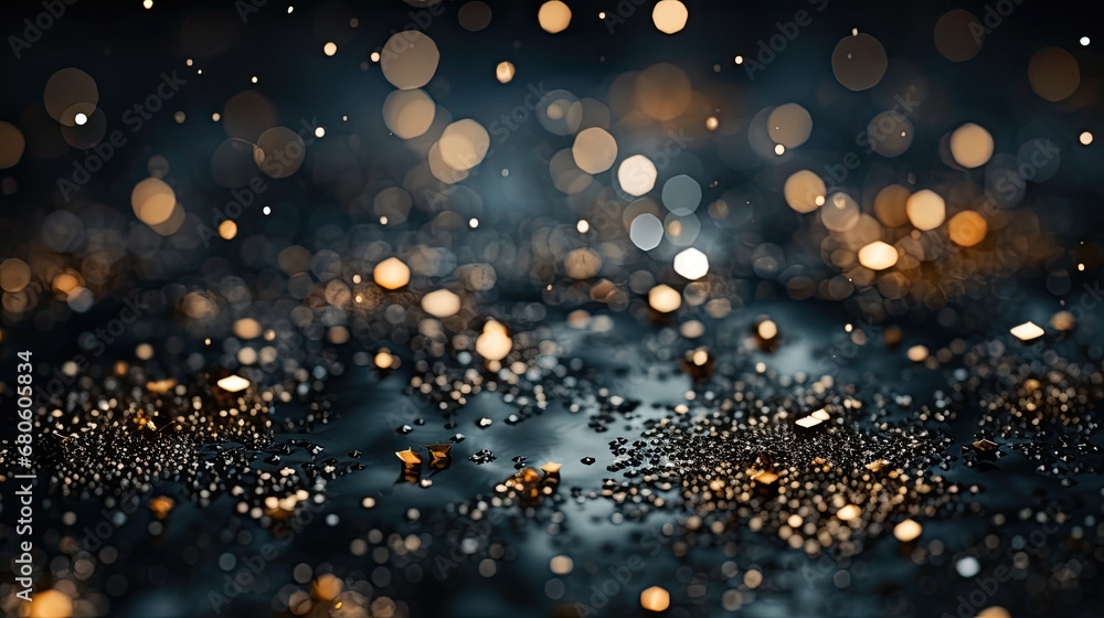 black  golden christmas lights bokeh,, christmas particles and sprinkles for a holiday celebration like christmas or new year. black Golden background with bokeh effec. dark bokeh light