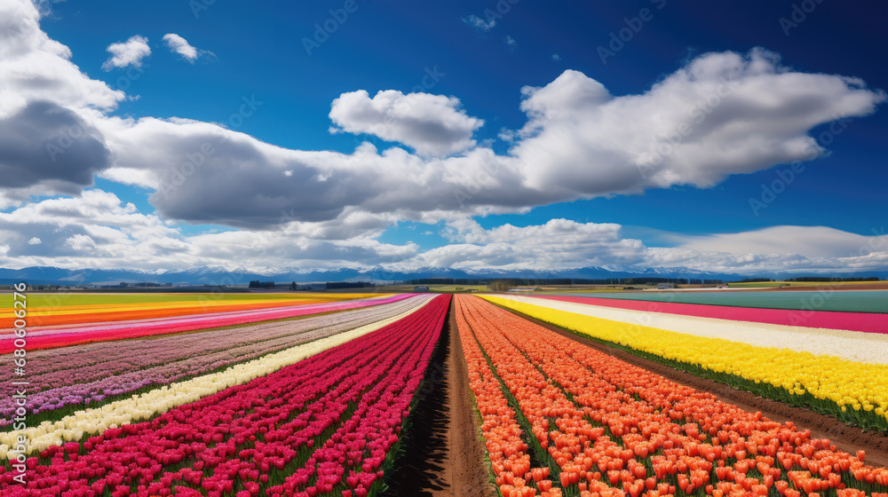 field of tulips on  blue sky background