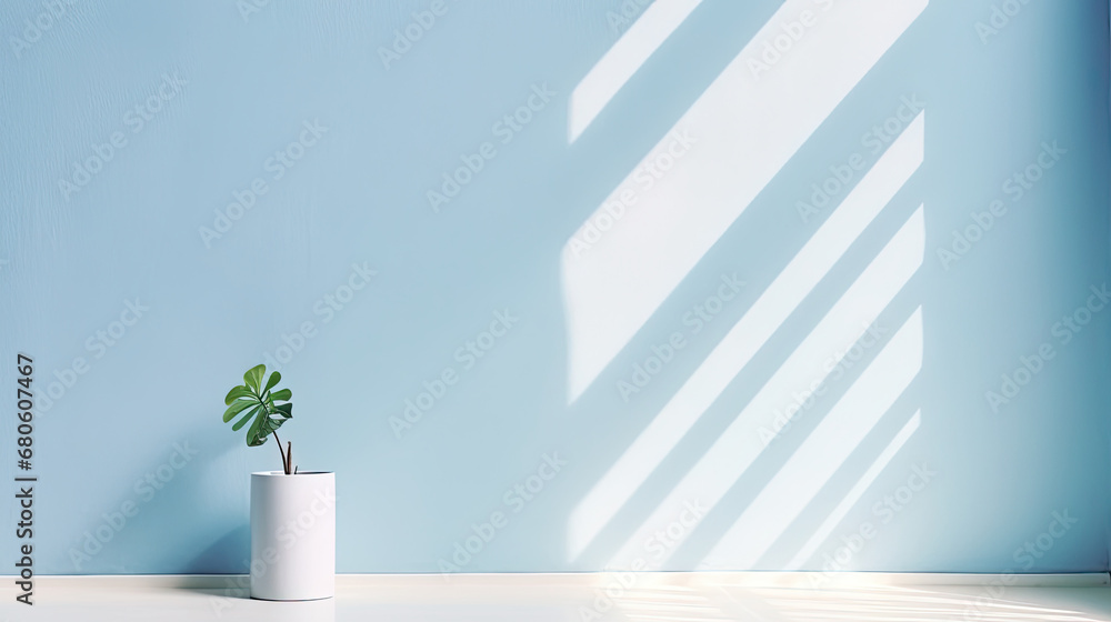 Abstract minimal empty blue and white 3d room background. Blue Modern Studio showcase with copy space. Mock up scene with natural window shadows, dappled light overlay effect. blue empty room